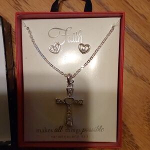 Silver Heart and Cross Necklace Set